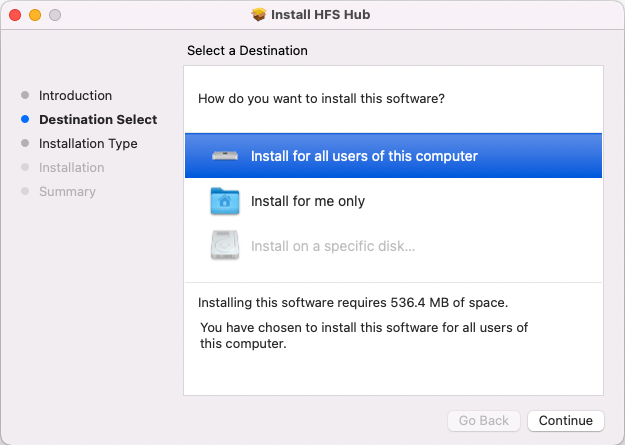 HFS Hub install destination