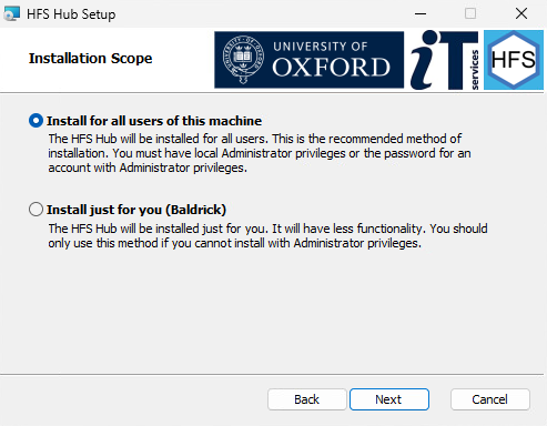 HFS Hub installer scope selection