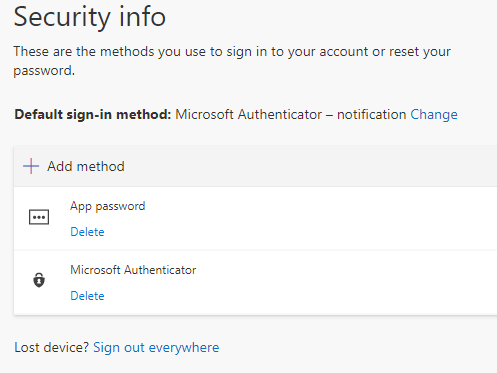 Screenshot showing the security info page, which will display with the method(s) you can use to sign in to your account Screenshot showing the security info page, which will display with the method(s) you can use to sign in to your account