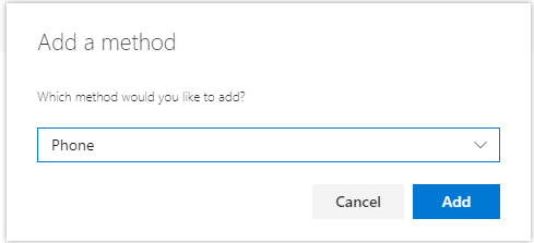 Screenshot showing "Phone" as the chosen authentication method to add Screenshot showing "Phone" as the chosen authentication method to add