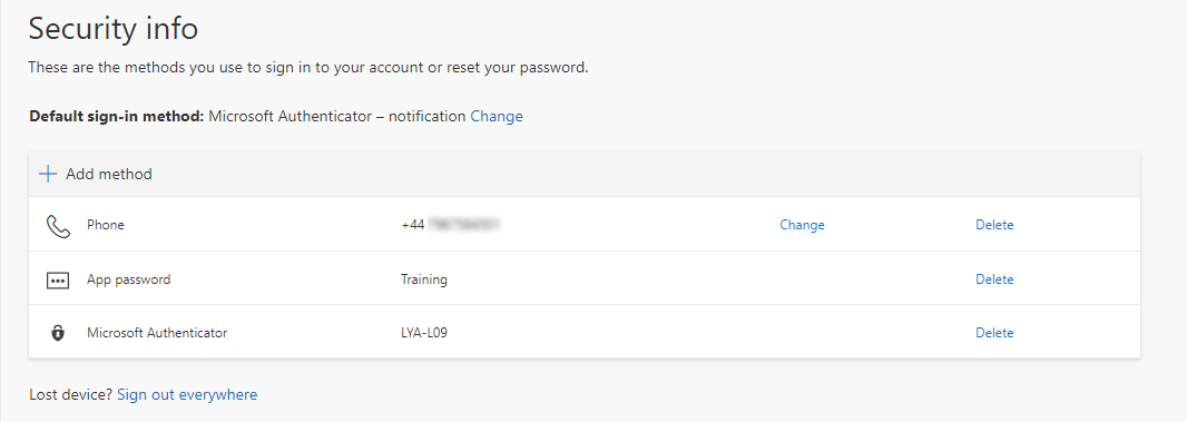 Screenshot showing the authentication methods you have added in the security info page Screenshot showing the authentication methods you have added in the security info page