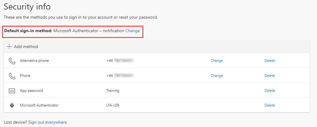 Screnshot showing that the default sign-in method is displayed above the list of methods Screnshot showing that the default sign-in method is displayed above the list of methods