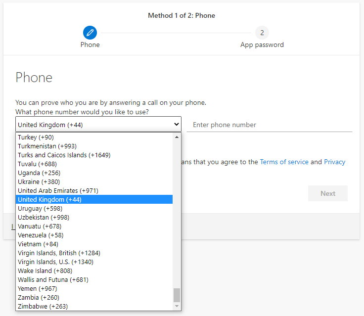 Screenshot showing the drop-down menu to pick the country the telephone number originates in Screenshot showing the drop-down menu to pick the country the telephone number originates in