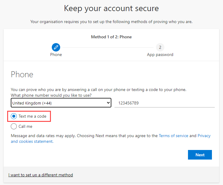 Screenshot highlighting the 'text me a code' button Screenshot highlighting the 'text me a code' button
