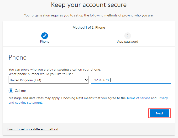 Screenshot showing the next button highlighted, once you've entered your phone number for text verification Screenshot showing the next button highlighted, once you've entered your phone number for text verification
