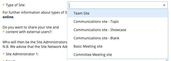 "Type of site" drop down, allowing you choose either a Basic Meeting site or Committee Meeting site