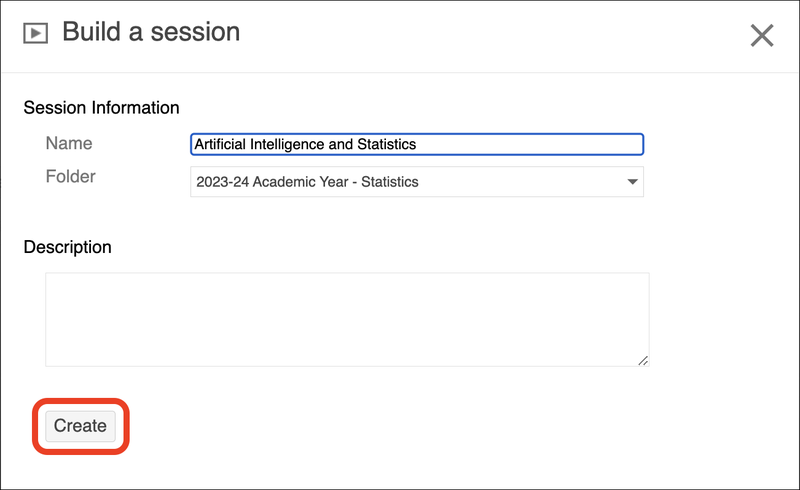 Screenshot of 'Build a session' options with highlighted 'Create' button