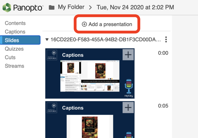 Image highlighting 'Add a presentation' text to click